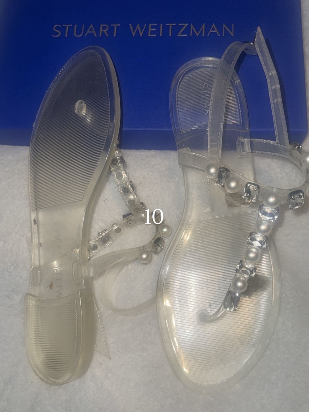 Stuart Weitzman Clear Jeweled Pearl T-Strap Sandals